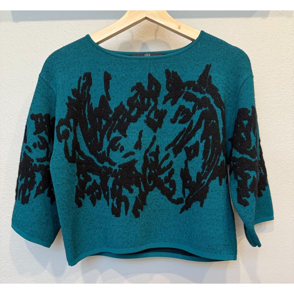 Tibi Women's Wool Abstract Pattern Blue Black 3/4 Sleeve Boxy Sweater XS Modern